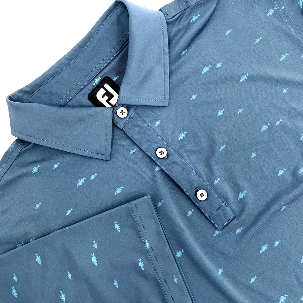 FOOTJOY FJ Men's Size L Blue Fish Print Short-Sleeve Performance Golf Polo Shirt